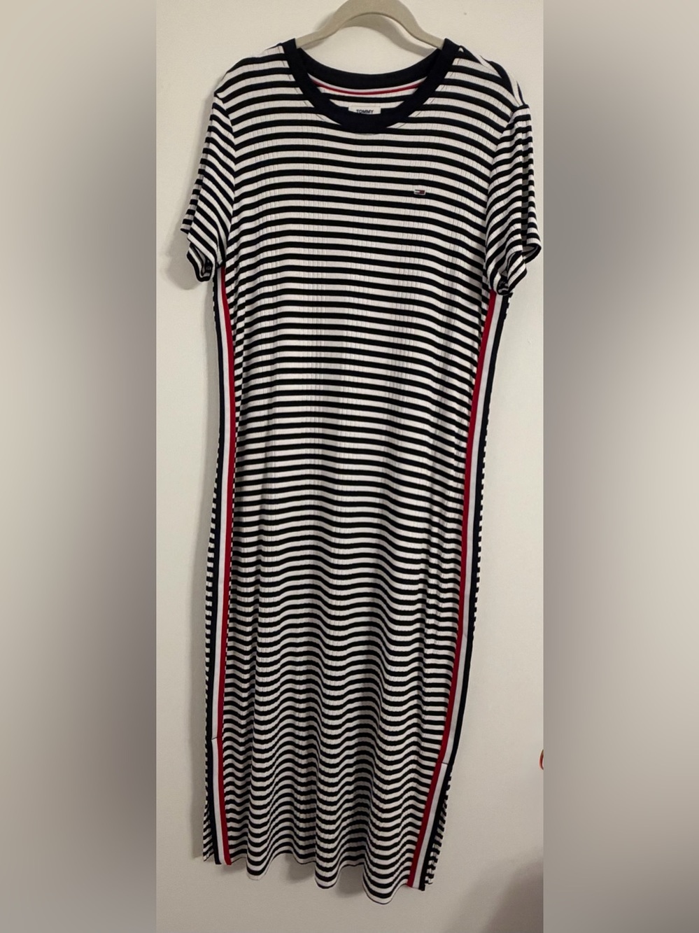 Tommy Hilfiger Navy & White Striped Midi Dress with Red Side Stripes. Sz.XL